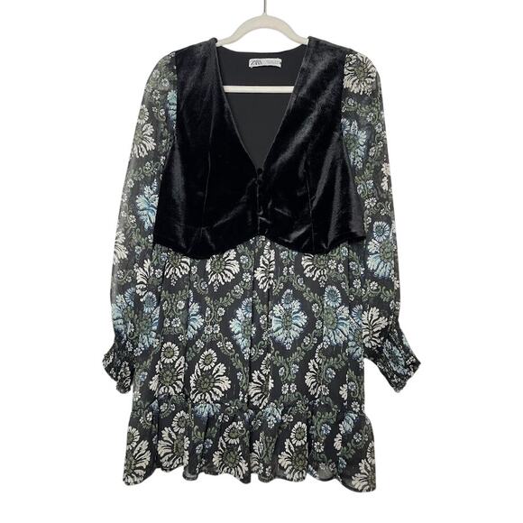 Velvet Vested Floral Babydoll Dress Womens Size S Long Sleeve Whimsical Goth - Picture 1 of 14